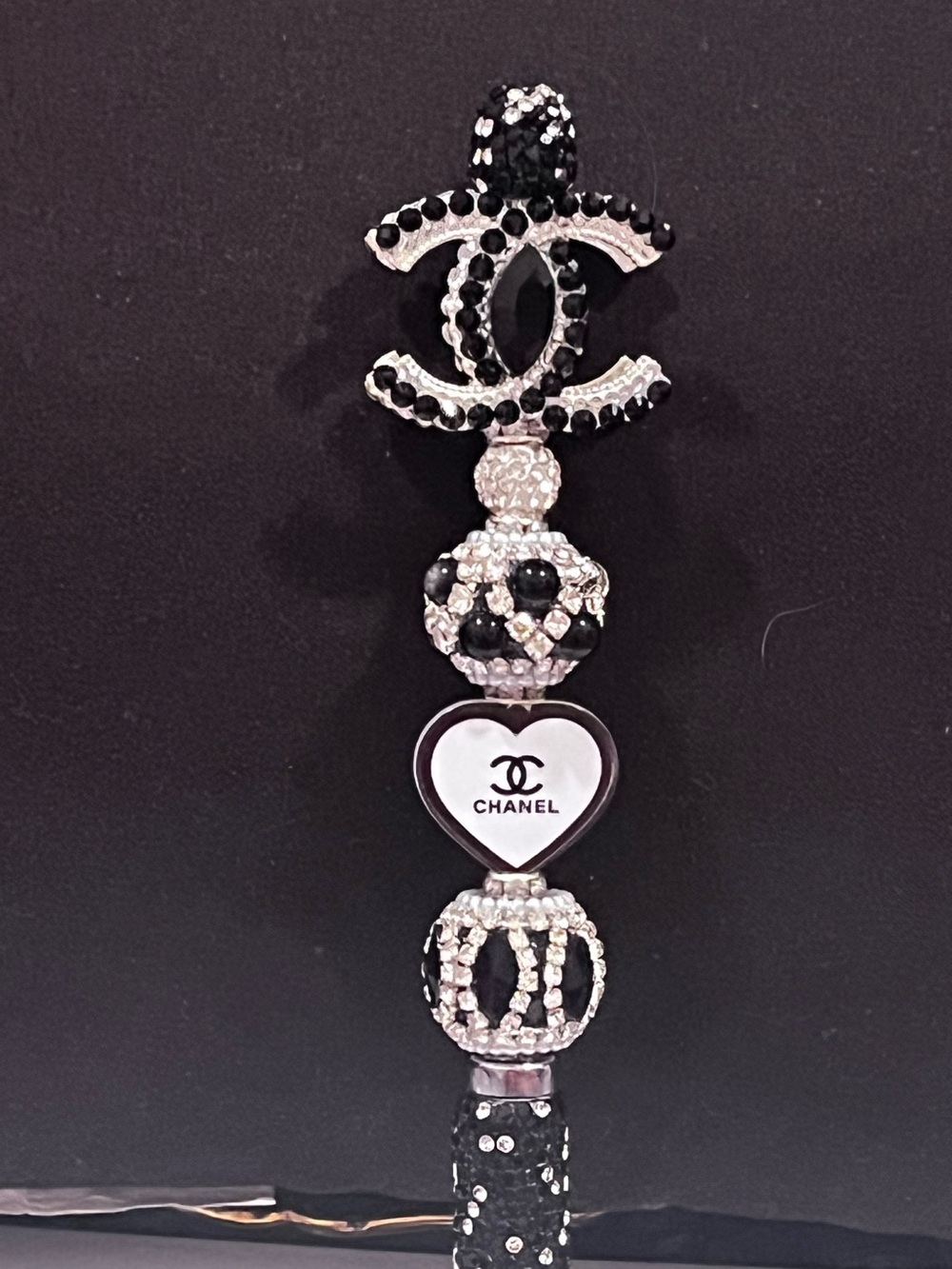 Designer inspired black and silver monogram focal fancy beaded pen